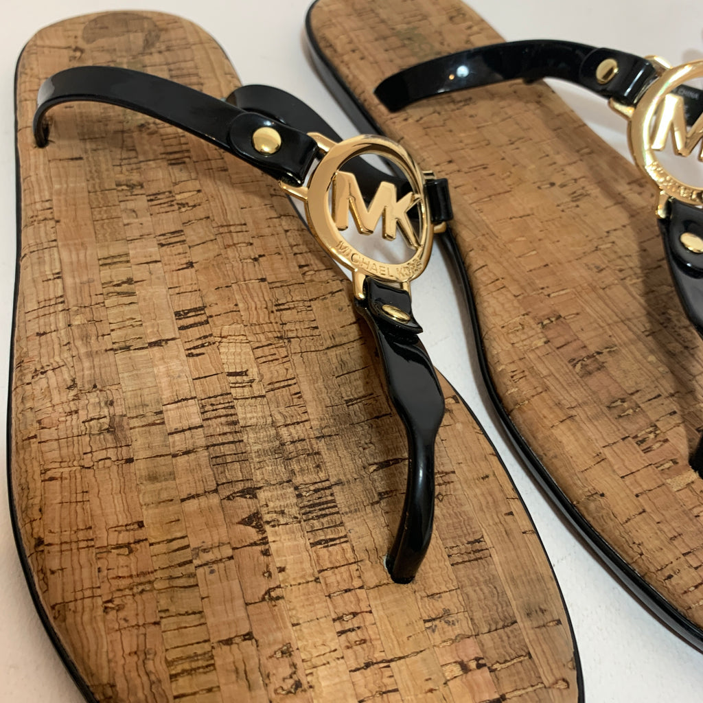 Michael Kors Black Leather Thong Cork Bed Sandals | Pre Loved |