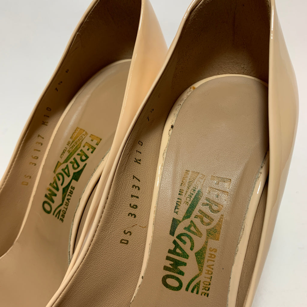 Salvatore Ferragamo 'Riley' Beige Patent Pumps | Pre Loved |
