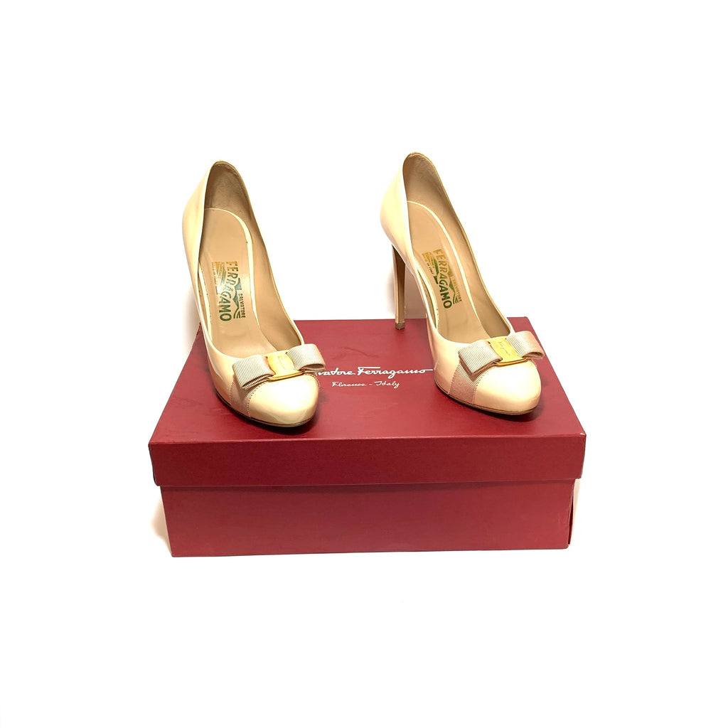 Salvatore Ferragamo 'Riley' Beige Patent Pumps | Pre Loved |