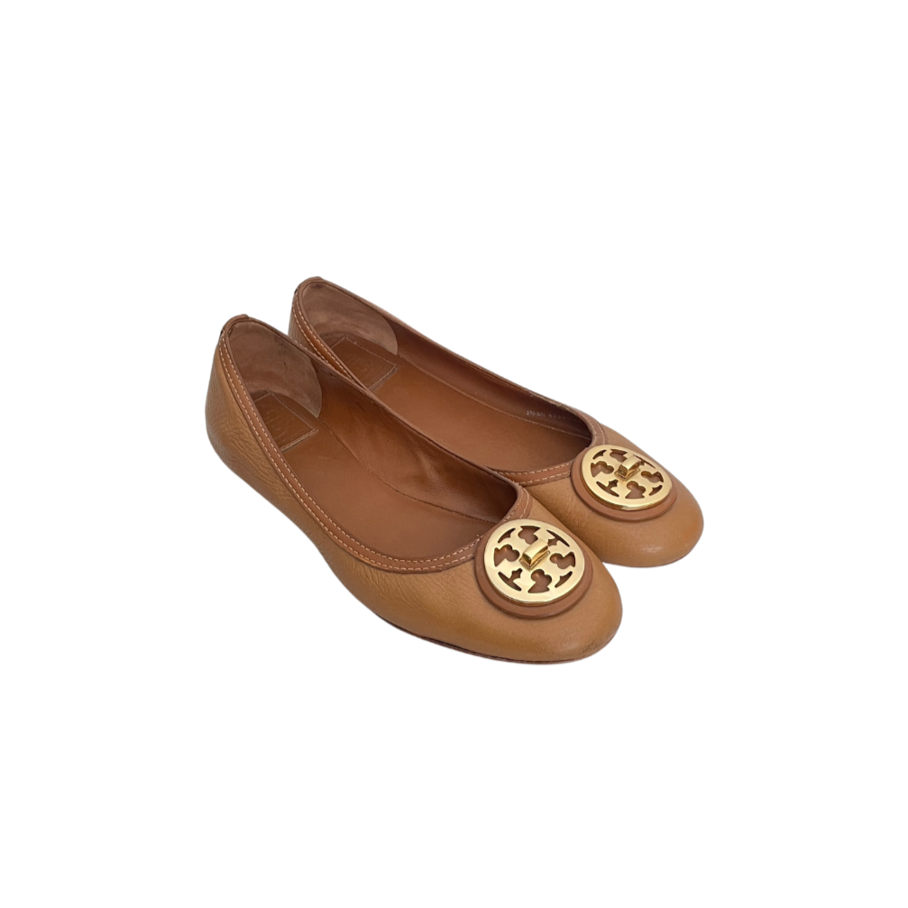 Tory Burch Tan Leather "Selma" Logo Ballet Flats | Pre Loved |