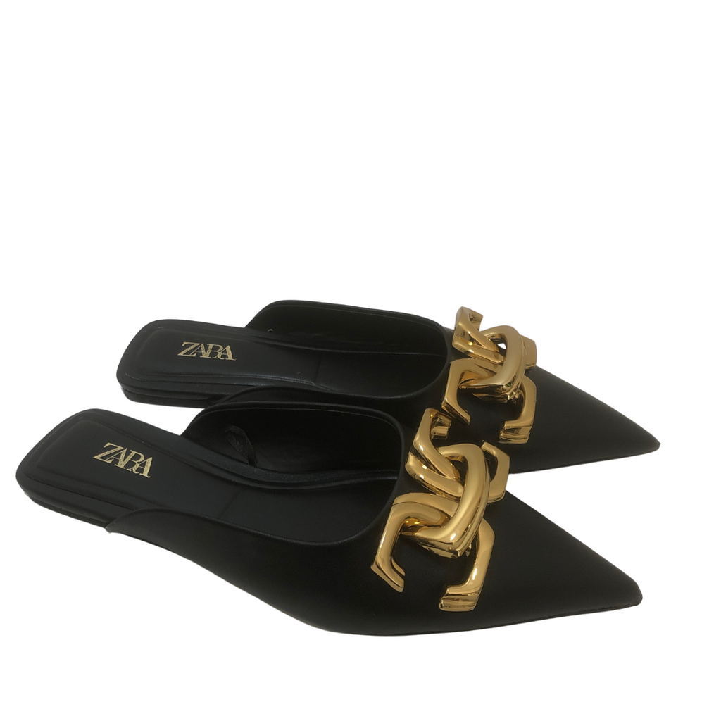ZARA Black Large Gold Buckle Mules | Gently Used |