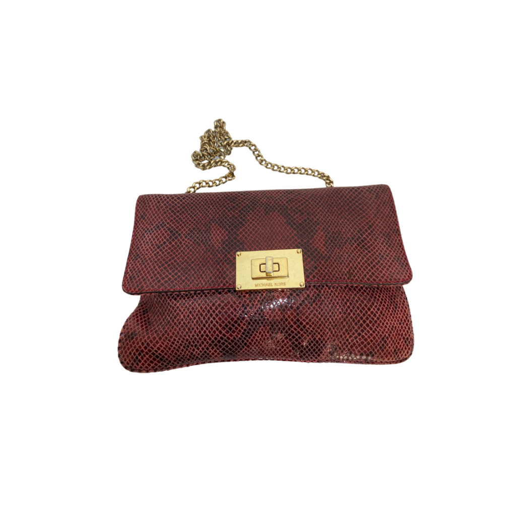Michael Kors Maroon Snakeskin Textured Leather Convertible Clutch Bag | Pre Loved |