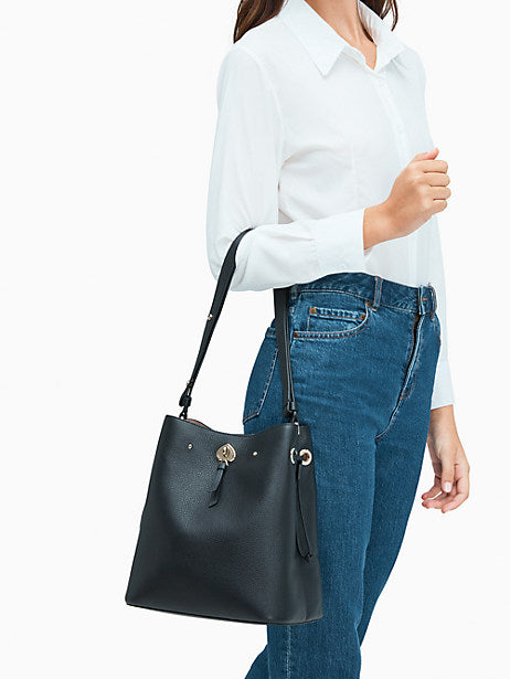 Kate Spade Black Pebbled Leather 'Marti' Large Bucket Bag | Brand New |