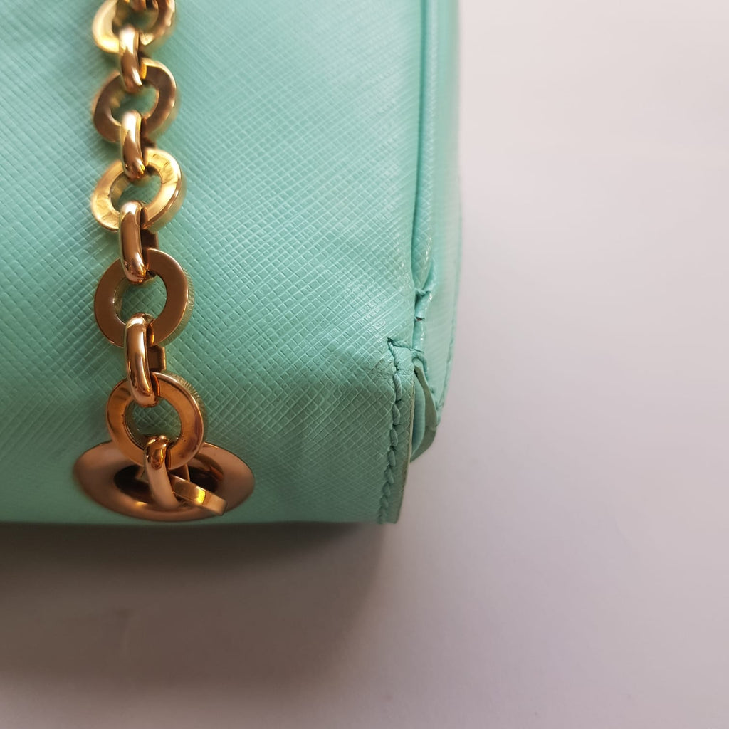 Salvatore Ferragamo Turquoise Leather 'Luciana' Chain Flap Bag | Pre Loved |