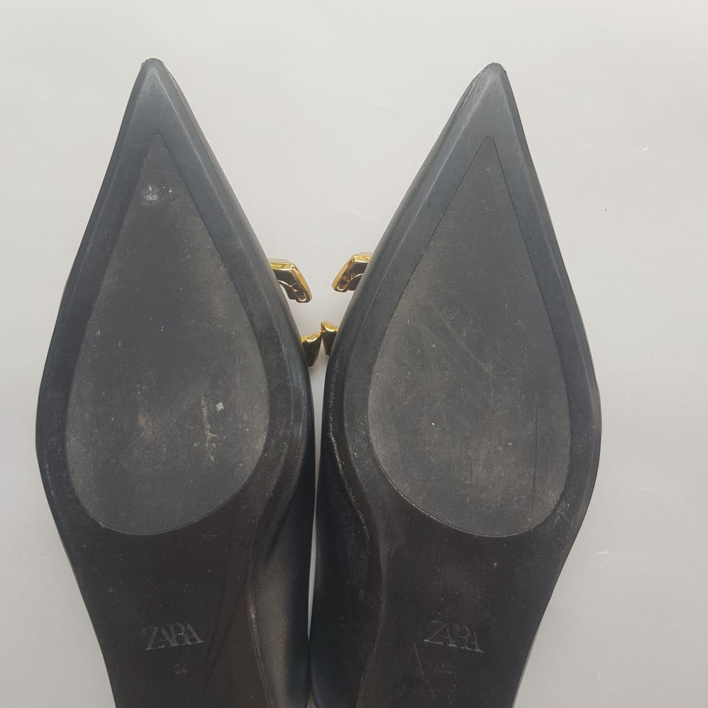 ZARA Black Large Gold Buckle Mules | Gently Used |