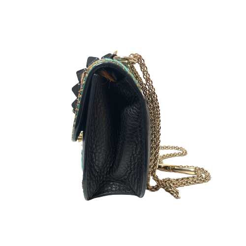 Valentino Black Leather Embroidered Multi-colour Glam Lock Flap Bag | Gently Used |