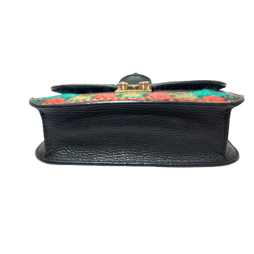 Valentino Black Leather Embroidered Multi-colour Glam Lock Flap Bag | Gently Used |