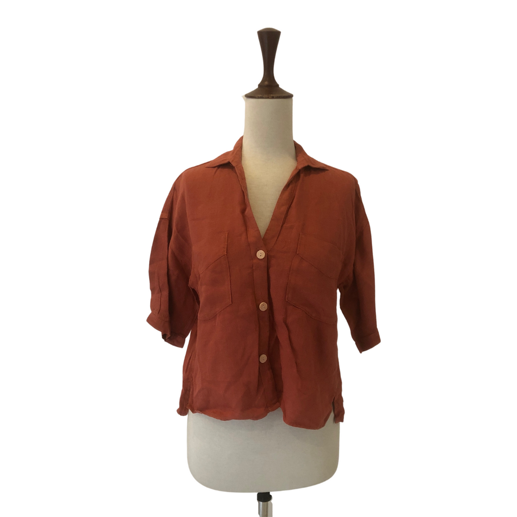 ZARA Coral Linen Cropped Collared Shirt | Gently Used |