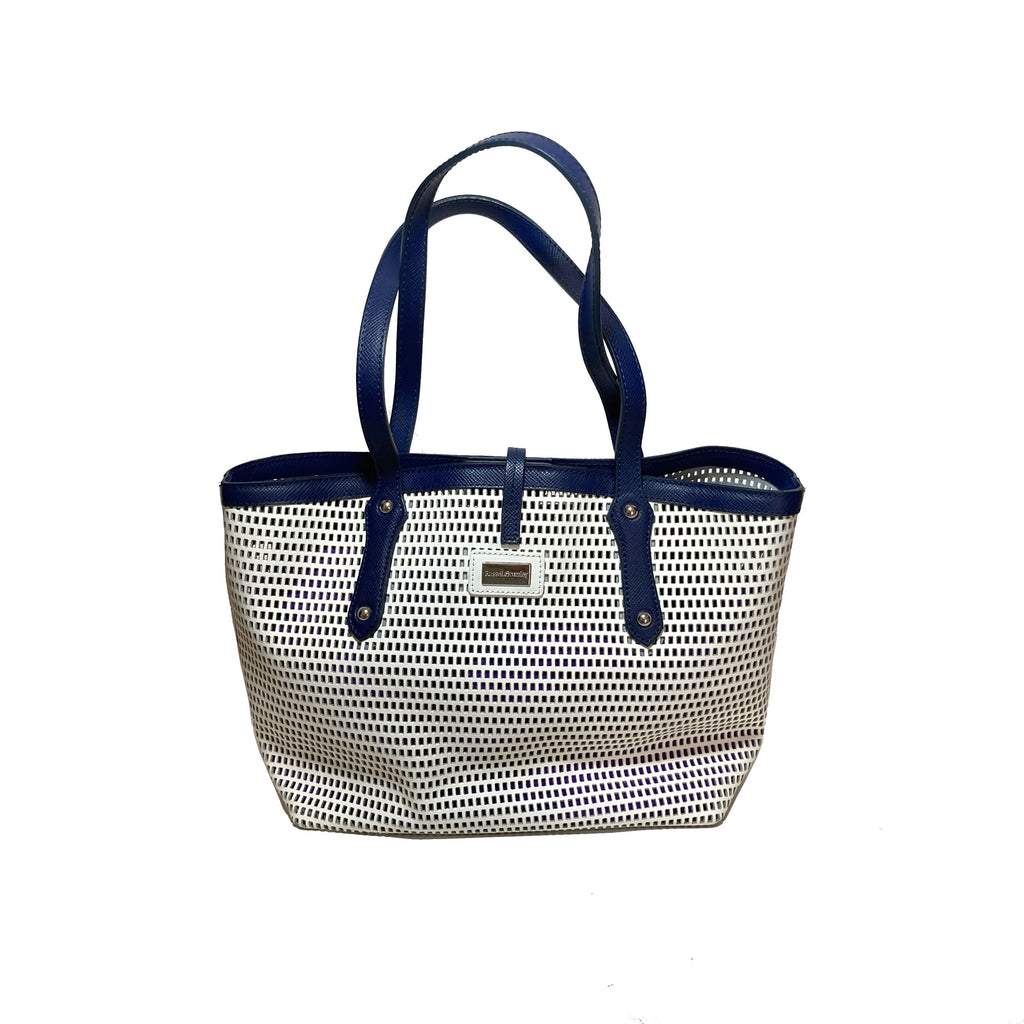 Russel & Bromley White & Navy Leather Laser-Cut Tote | Gently Used |