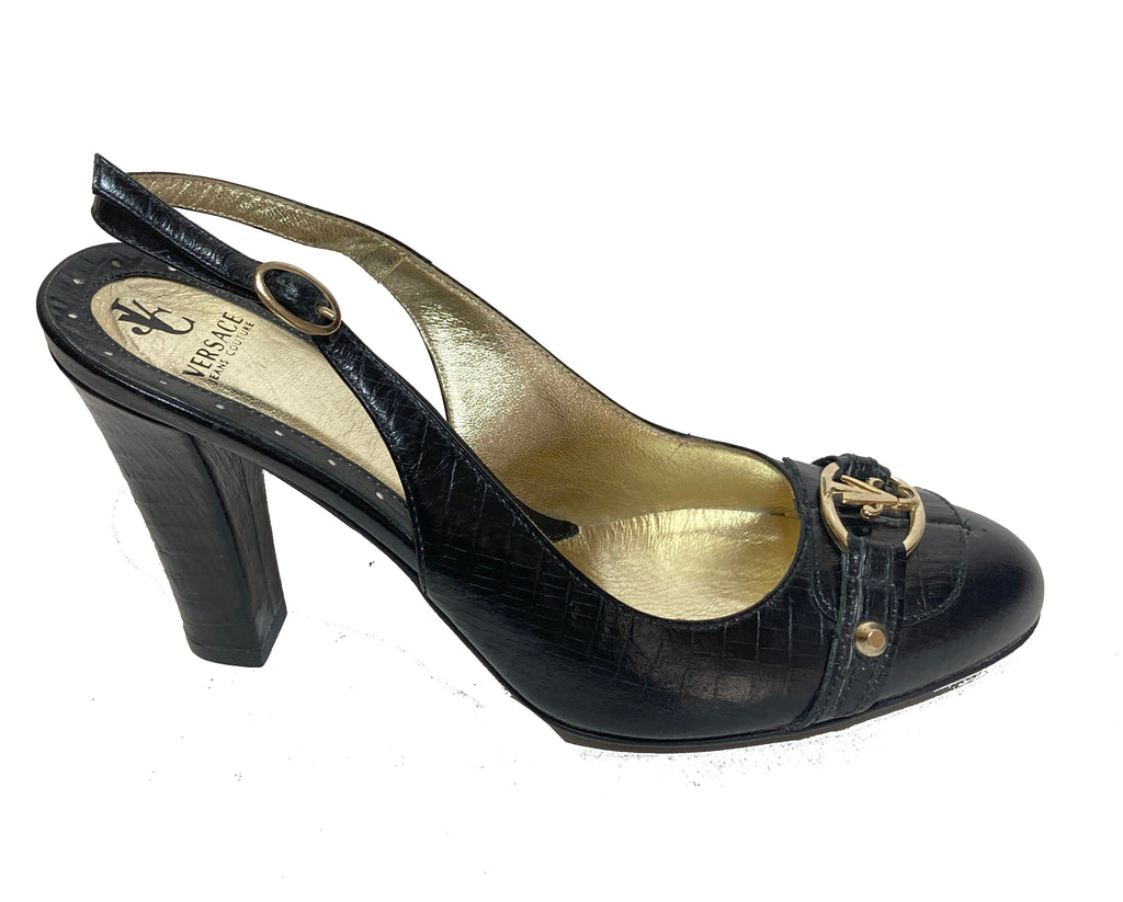 Versace Jeans Black Leather Sling-Back Pumps | Gently Used |