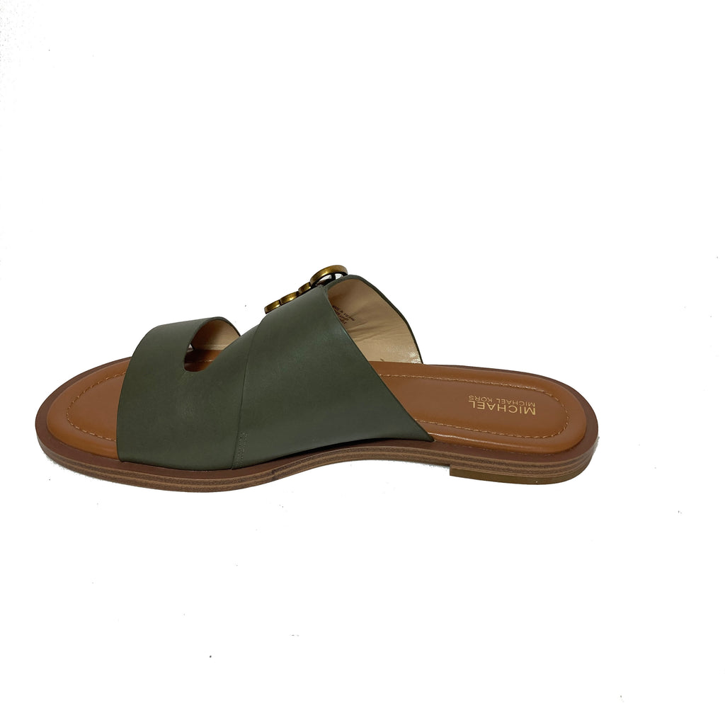 Michael Kors Olive Green Leather Butterfly Buckle Slides | Brand New |