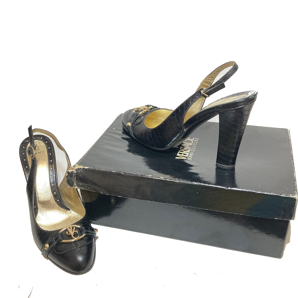 Versace Jeans Black Leather Sling-Back Pumps | Gently Used |