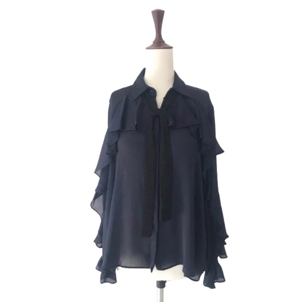 ZARA Navy Sheer Frill Shirt with Black Knot | Like New |