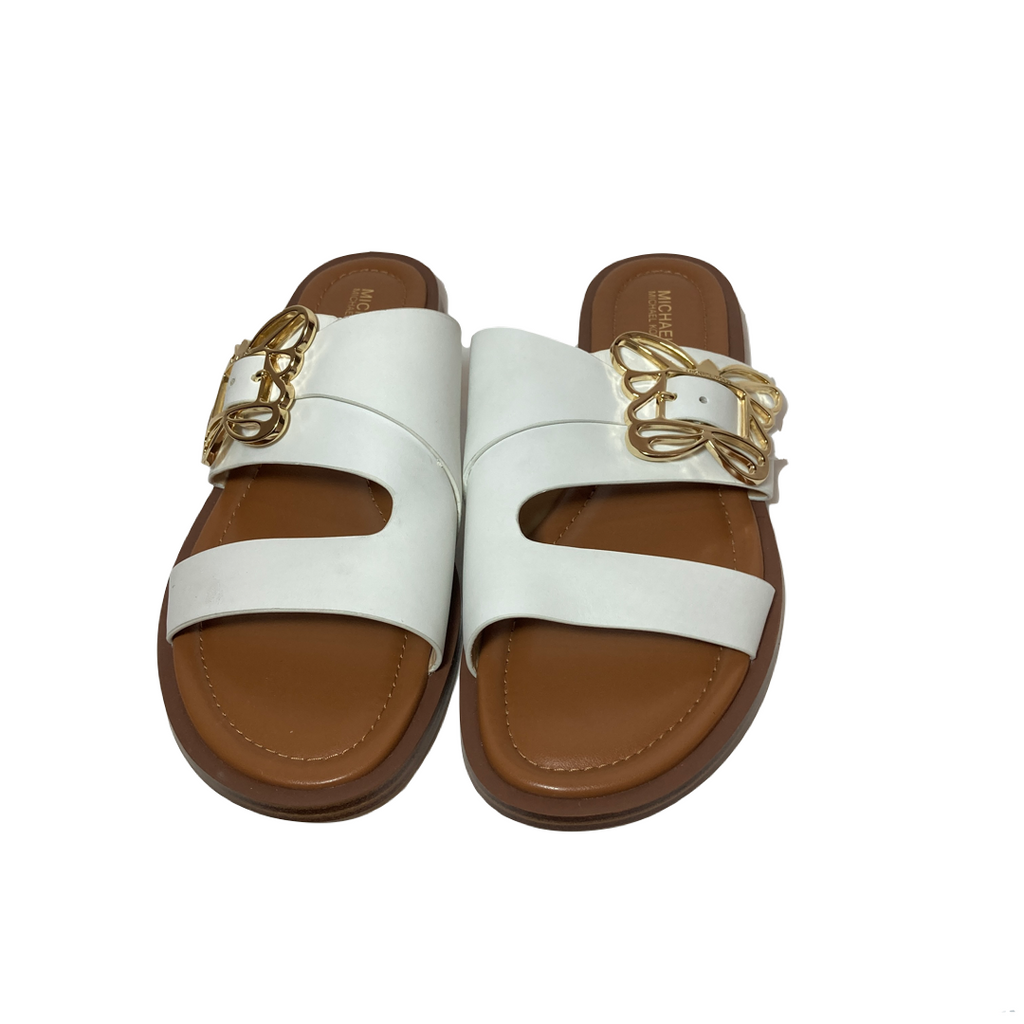 Michael Kors White Leather Butterfly Buckle Slides | Brand New |