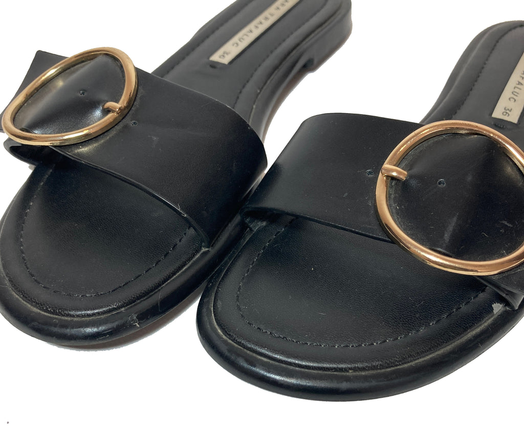 Zara Black with Round Gold Buckle Slides | Pre Loved |