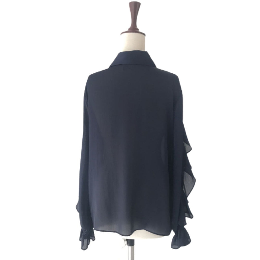 ZARA Navy Sheer Frill Shirt with Black Knot | Like New |