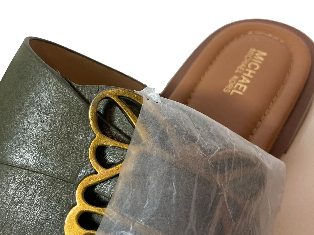 Michael Kors Olive Green Leather Butterfly Buckle Slides | Brand New |