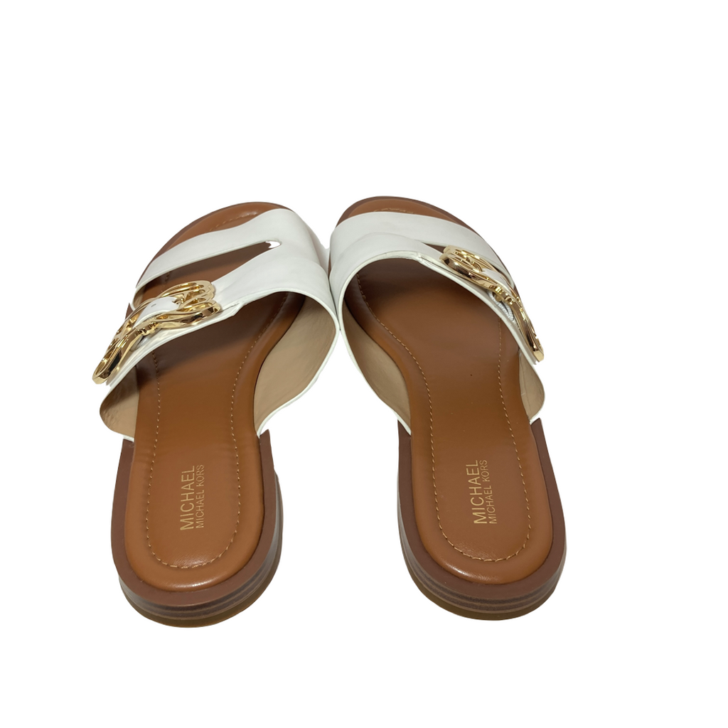 Michael Kors White Leather Butterfly Buckle Slides | Brand New |