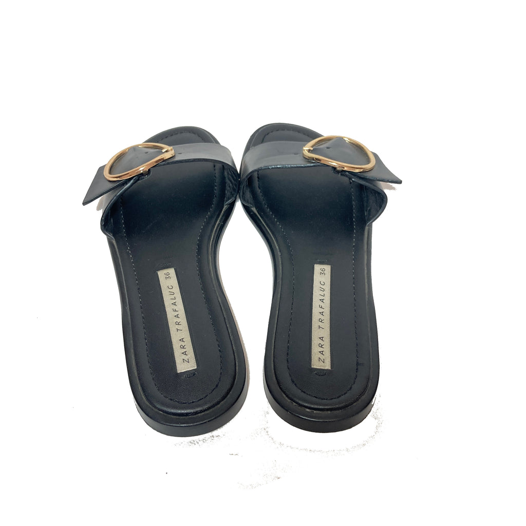 Zara Black with Round Gold Buckle Slides | Pre Loved |