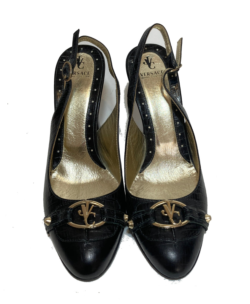 Versace Jeans Black Leather Sling-Back Pumps | Gently Used |