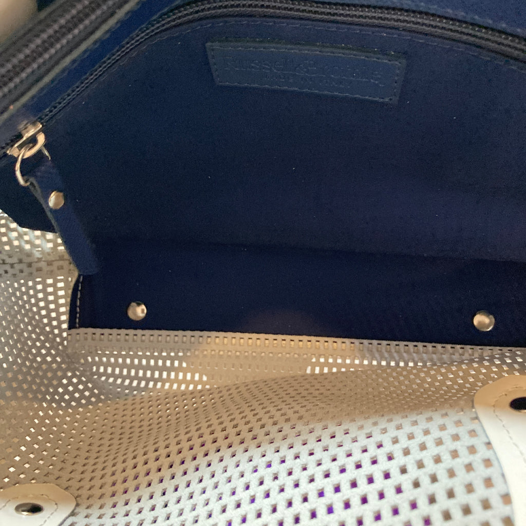 Russel & Bromley White & Navy Leather Laser-Cut Tote | Gently Used |