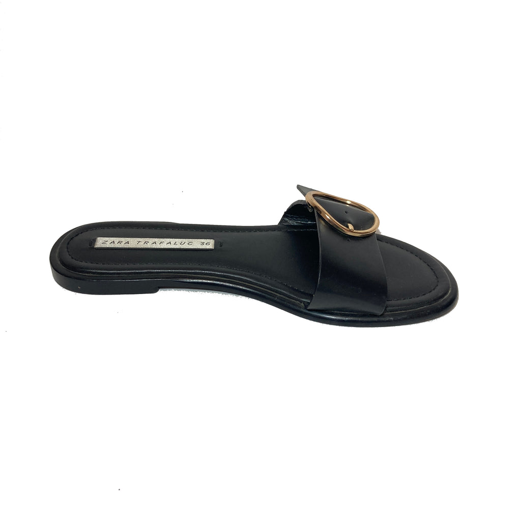 Zara Black with Round Gold Buckle Slides | Pre Loved |