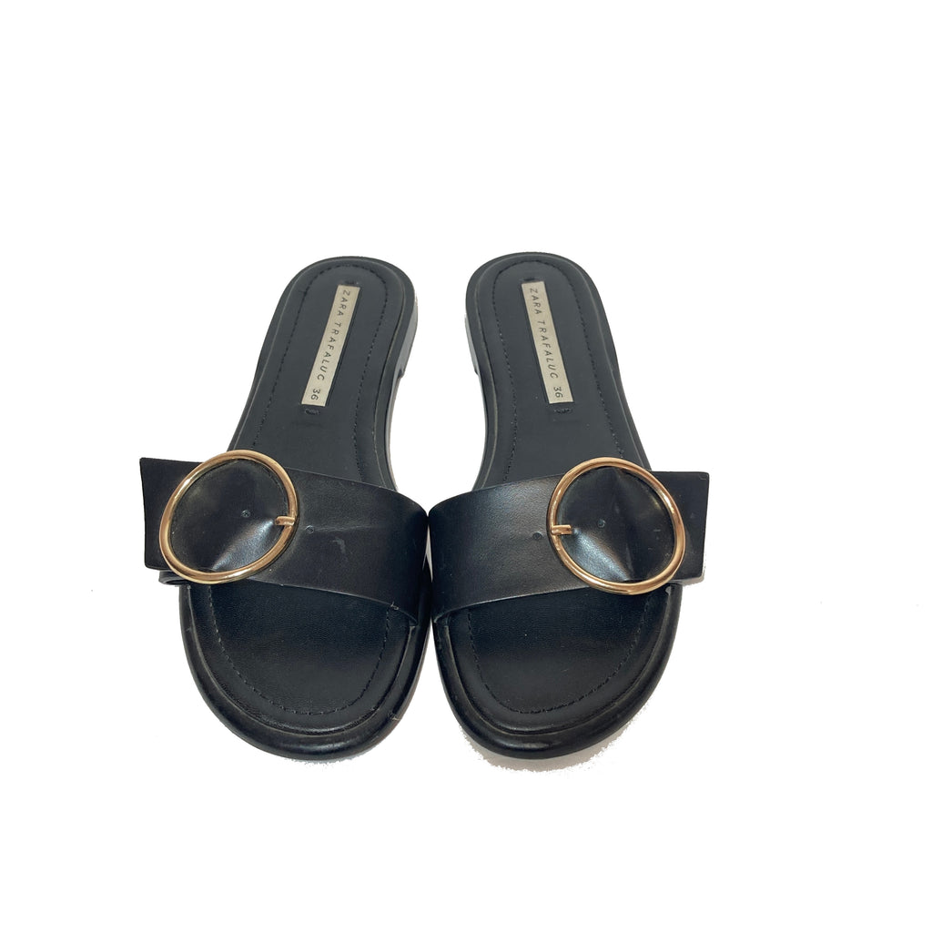 Zara Black with Round Gold Buckle Slides | Pre Loved |