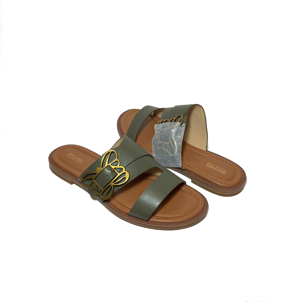 Michael Kors Olive Green Leather Butterfly Buckle Slides | Brand New |