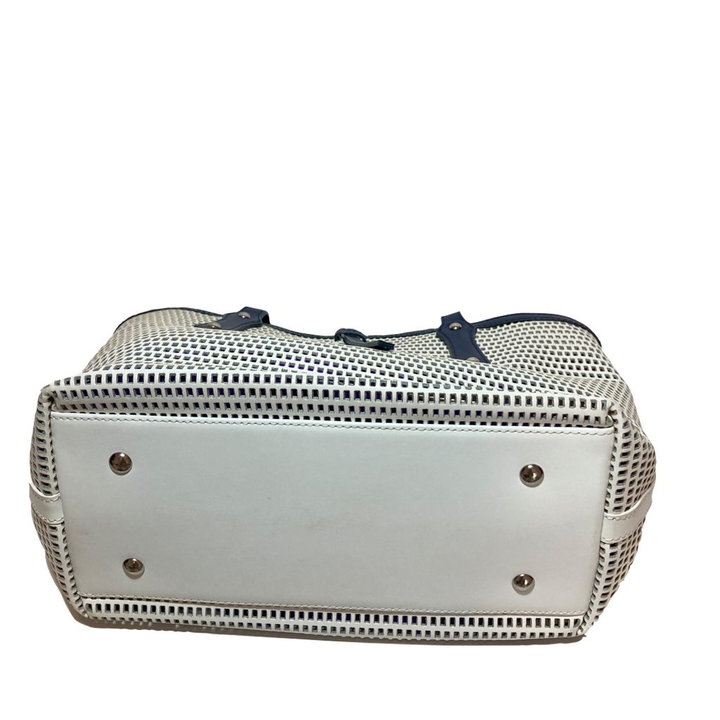 Russel & Bromley White & Navy Leather Laser-Cut Tote | Gently Used |