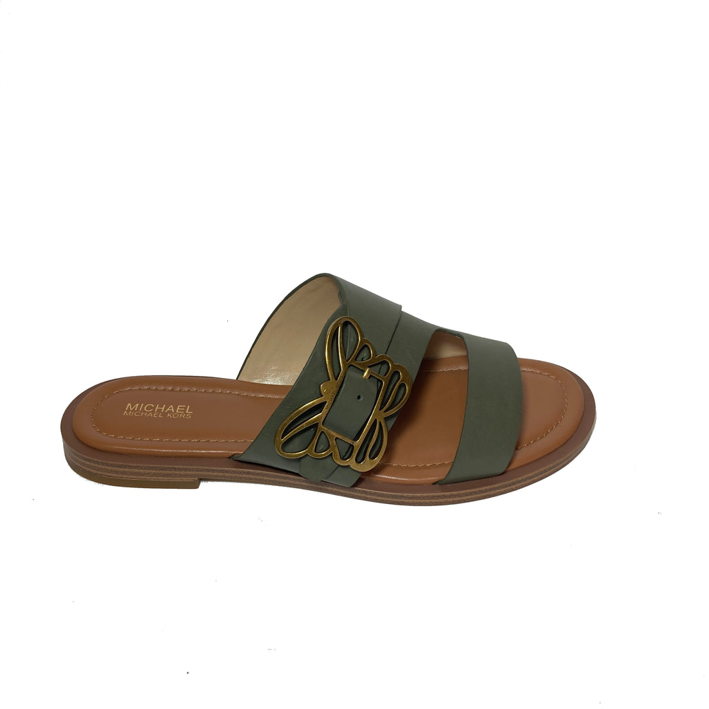 Michael Kors Olive Green Leather Butterfly Buckle Slides | Brand New |