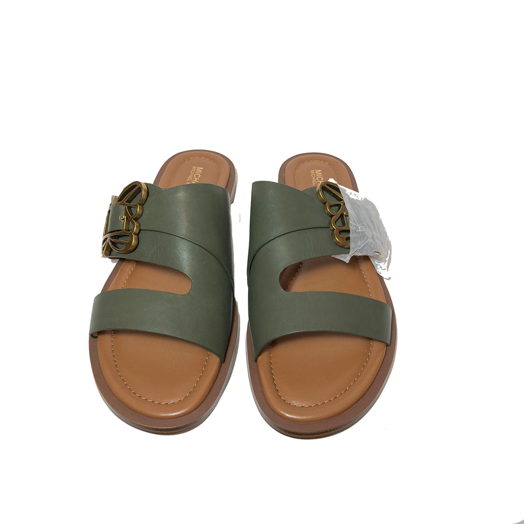 Michael Kors Olive Green Leather Butterfly Buckle Slides | Brand New |