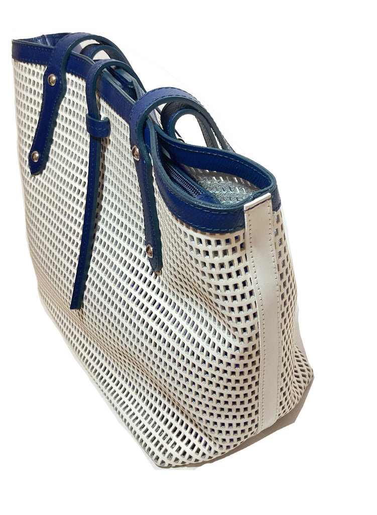 Russel & Bromley White & Navy Leather Laser-Cut Tote | Gently Used |