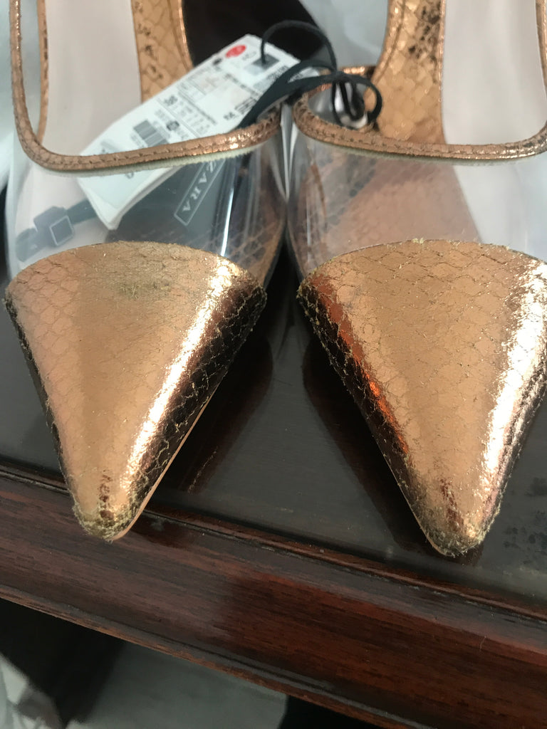 ZARA Bronze Croc Embossed & Vinyl Pointed Pumps | Brand New |