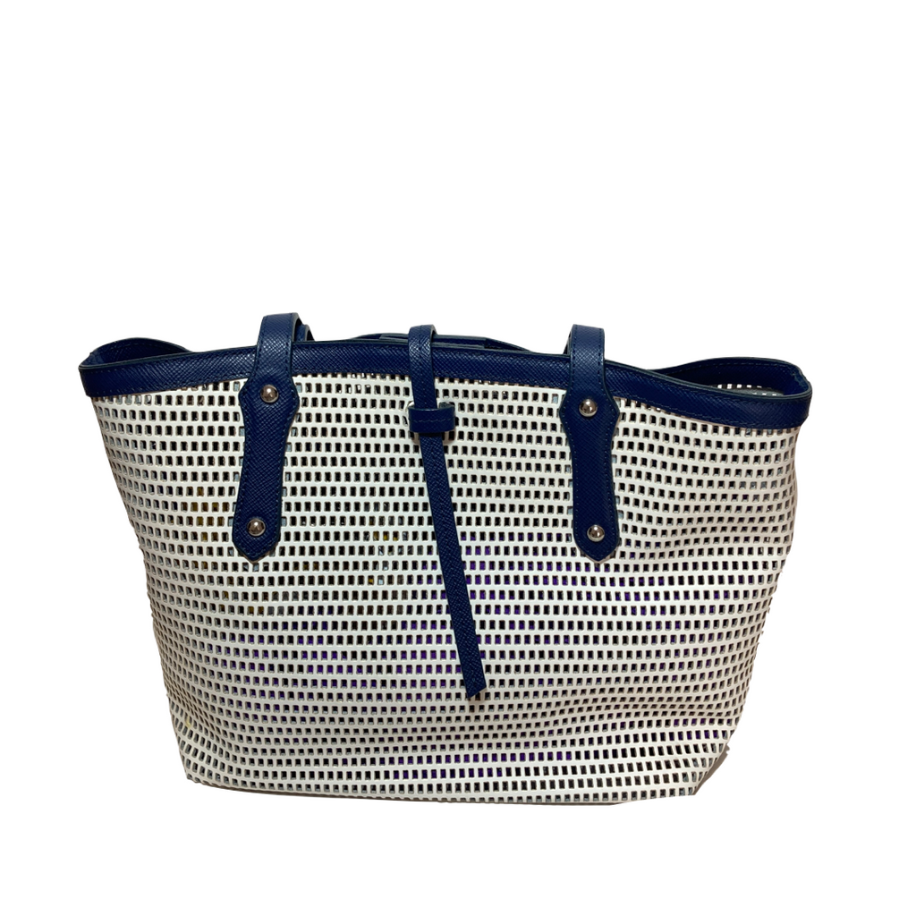 Russel & Bromley White & Navy Leather Laser-Cut Tote | Gently Used |