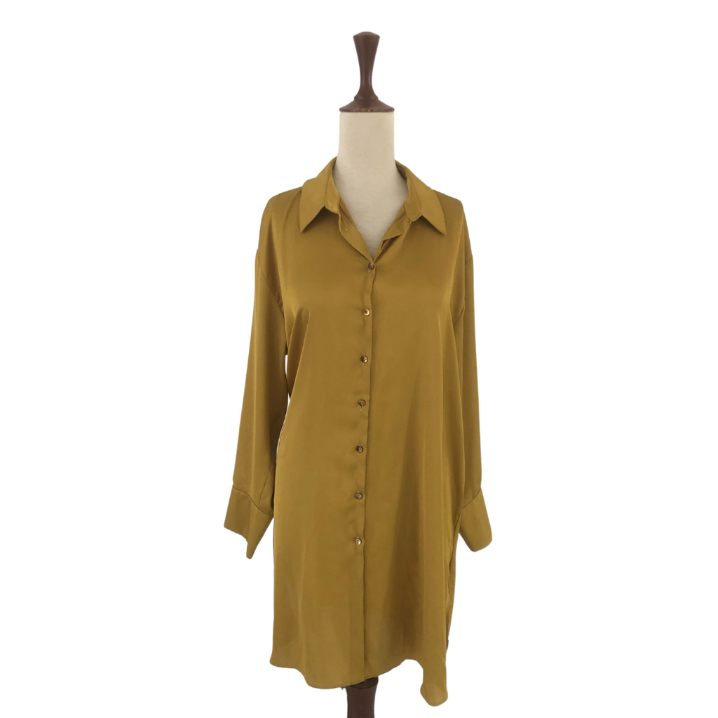 ZARA Metallic Mustard Satin Long Collared Shirt | Brand New |
