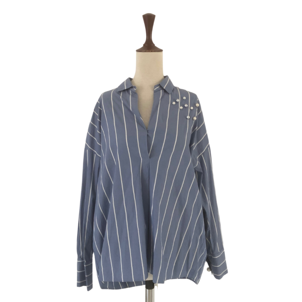 ZARA Blue & White Striped Pearls Shirt | Pre Loved |