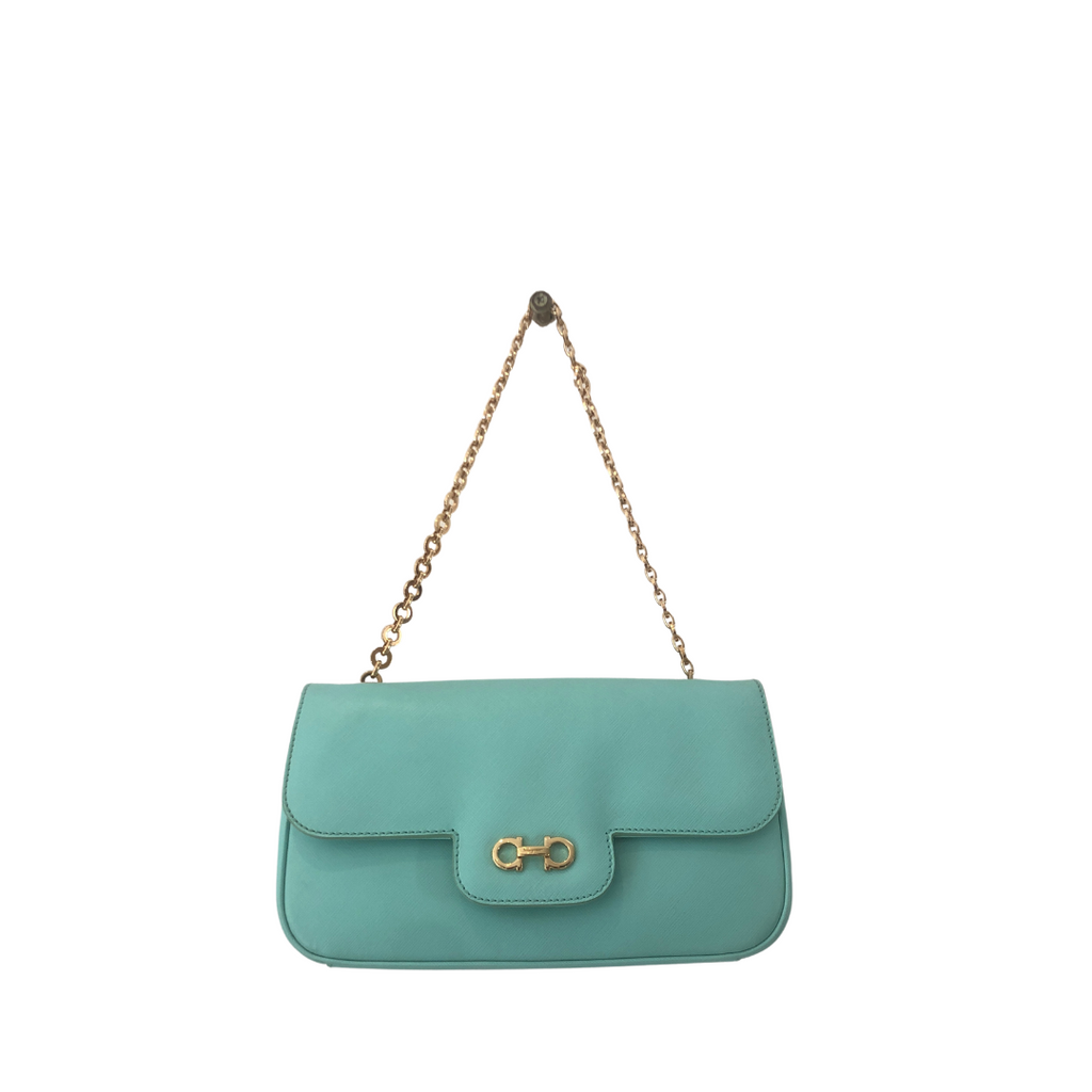 Salvatore Ferragamo Turquoise Leather 'Luciana' Chain Flap Bag | Pre Loved |